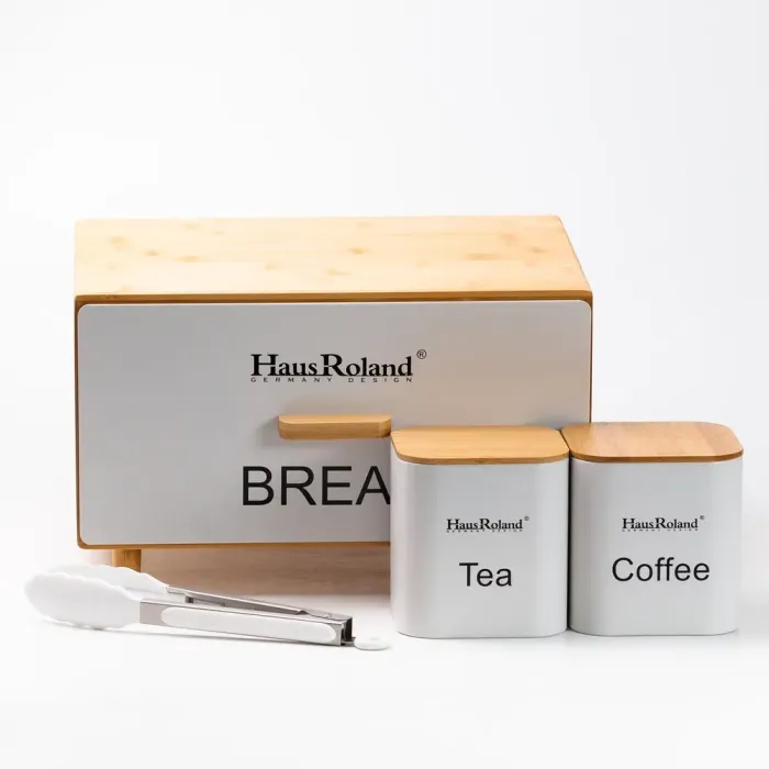 Бамбуковая хлебница с баночками для хранения сыпучих продуктов 2 шт. по 1 литру + щипцы кухонные набор белый (HP33534) - изображение 7