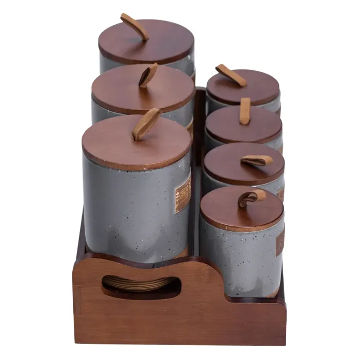 Банки для сипучих продуктів набір 9 штук на бамбуковій підставці з кришками 36.5×20.5×22 см Сірий HP-26-2G (HP-26-2G) - изображение 2