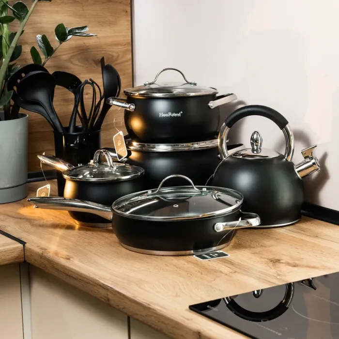 Большой набор кухонной посуды из нержавеющей стали кастрюли с толстым дном, сковорода, чайник, набор лопаток (HP33548) - изображение 1