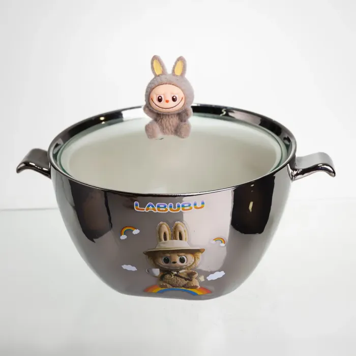 Бульйонниця порцелянова Labubu з кришкою та ручками 800 (мл) Ø15 (см) дитяча тарілка для супу та локшини Сріблястий з коричневим FM-34B (FM-34B) - зображення 1