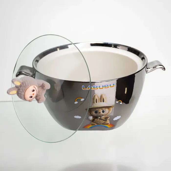 Бульйонниця порцелянова Labubu з кришкою та ручками 800 (мл) Ø15 (см) дитяча тарілка для супу та локшини Сріблястий з коричневим FM-34B (FM-34B) - зображення 3