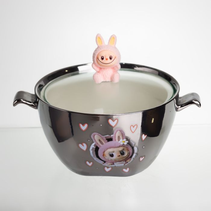 Бульйонниця порцелянова Labubu з кришкою та ручками 800 (мл) Ø15 (см) дитяча тарілка для супу та локшини Сріблястий з рожевим FM-34C (FM-34C) - изображение 1