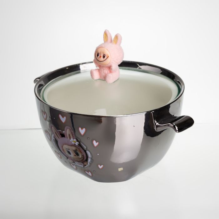 Бульйонниця порцелянова Labubu з кришкою та ручками 800 (мл) Ø15 (см) дитяча тарілка для супу та локшини Сріблястий з рожевим FM-34C (FM-34C) - изображение 3