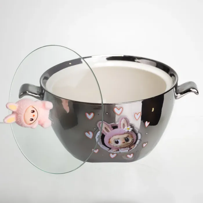 Бульйонниця порцелянова Labubu з кришкою та ручками 800 (мл) Ø15 (см) дитяча тарілка для супу та локшини Сріблястий з рожевим FM-34C (FM-34C) - зображення 4