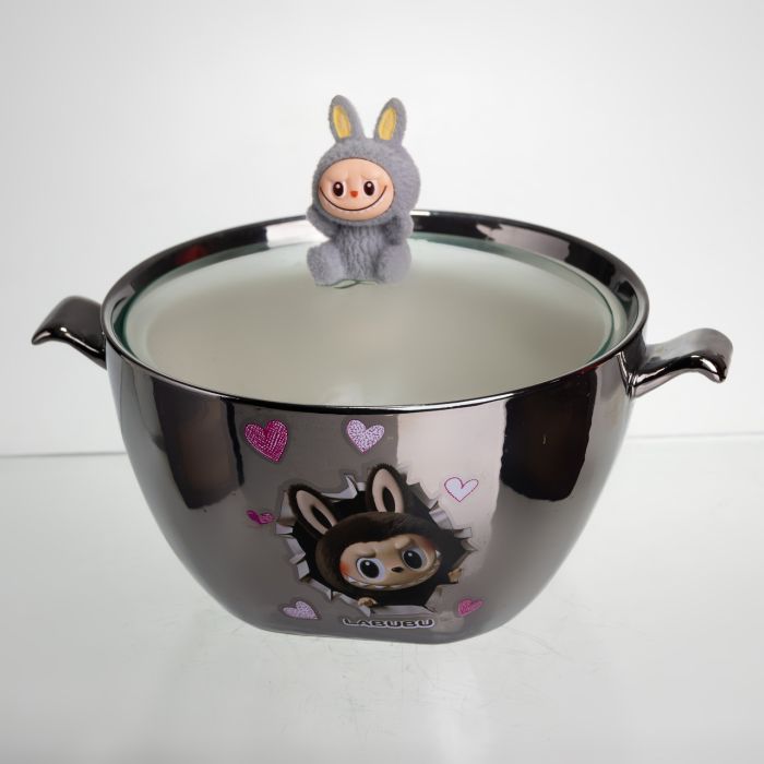 Бульйонниця порцелянова Labubu з кришкою та ручками 800 (мл) Ø15 (см) дитяча тарілка для супу та локшини Сріблястий з сірим FM-34A (FM-34A) - изображение 1