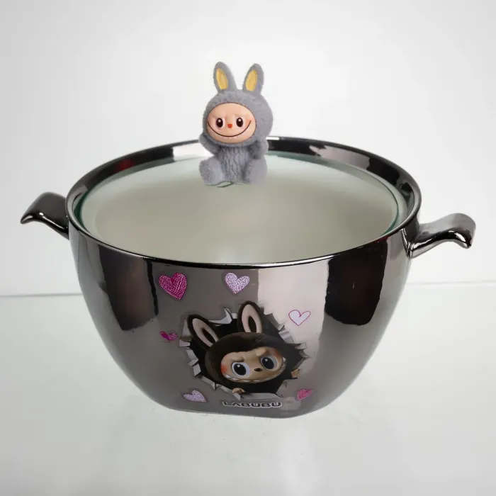 Бульйонниця порцелянова Labubu з кришкою та ручками 800 (мл) Ø15 (см) дитяча тарілка для супу та локшини Сріблястий з сірим FM-34A (FM-34A) - зображення 1