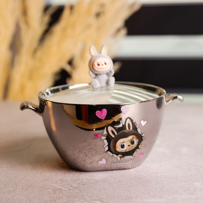 Бульйонниця порцелянова Labubu з кришкою та ручками 800 (мл) Ø15 (см) дитяча тарілка для супу та локшини Сріблястий з сірим FM-34A (FM-34A) - изображение 2