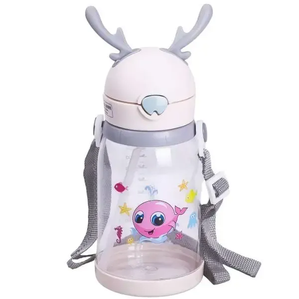 Пляшка для води дитяча 550 мл на ремінці пляшечка з трубочкою для спорту та школи Бежева (HP-14-44BE) - изображение 1