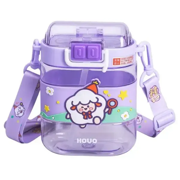 Пляшка для води дитяча з трубочкою та ремінцем 560 мл пляшечка для пиття в школу 15 см Фіолетова (HP-14-36V) - зображення 1