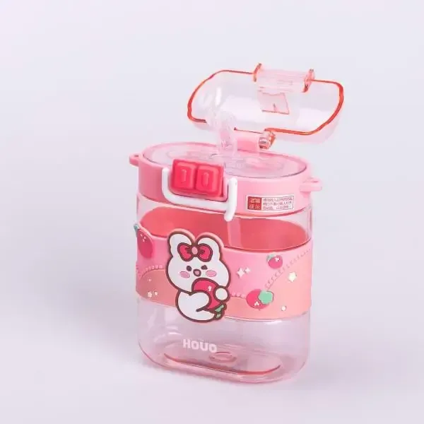 Пляшка для води дитяча з трубочкою та ремінцем 560 мл пляшечка для пиття в школу 15 см Рожева (HP-14-36P) - зображення 4