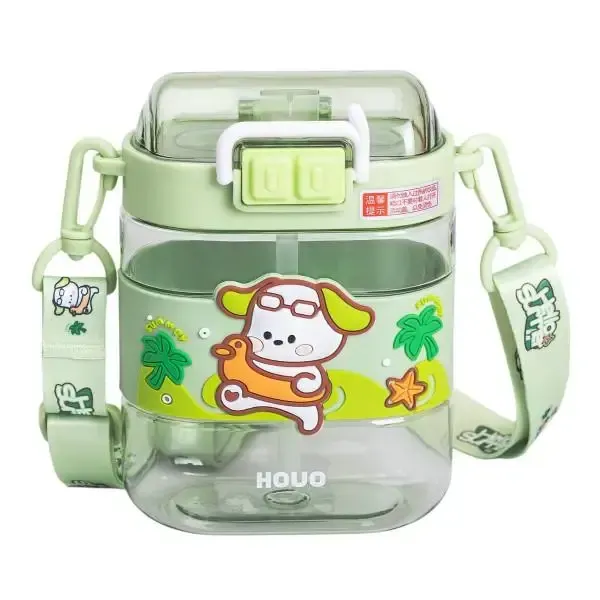 Пляшка для води дитяча з трубочкою та ремінцем 560 мл пляшечка для пиття в школу 15 см Зелена (HP-14-36GR) - зображення 1