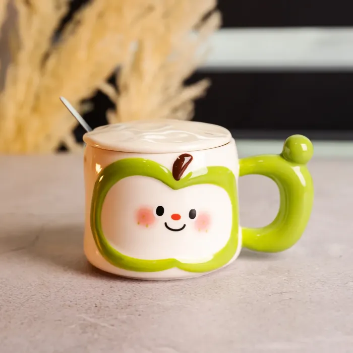 Чашка порцелянова 400 (мл) з кришкою та ложкою, оригінальна кружка на подарунок чашка для дітей Зелений FM-25A (FM-25A) - зображення 2