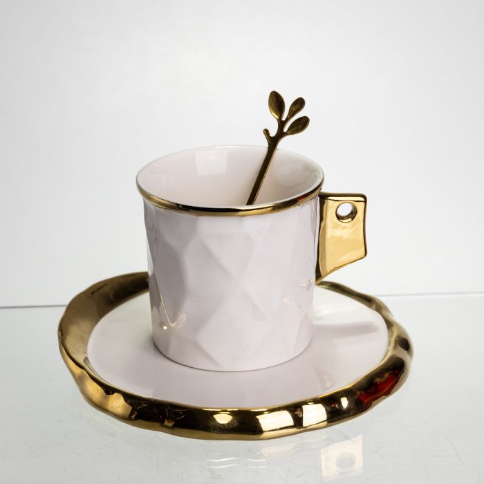 Чашка порцелянова для кави 200 (мл) з блюдцем і ложкою, гарна чашка в подарунок Білий із золотом FM-1B (FM-1B) - зображення 1