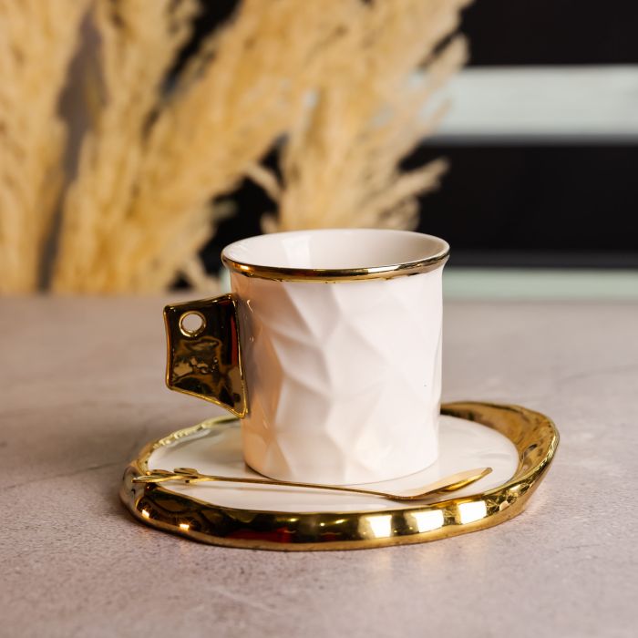 Чашка порцелянова для кави 200 (мл) з блюдцем і ложкою, гарна чашка в подарунок Білий із золотом FM-1B (FM-1B) - зображення 2