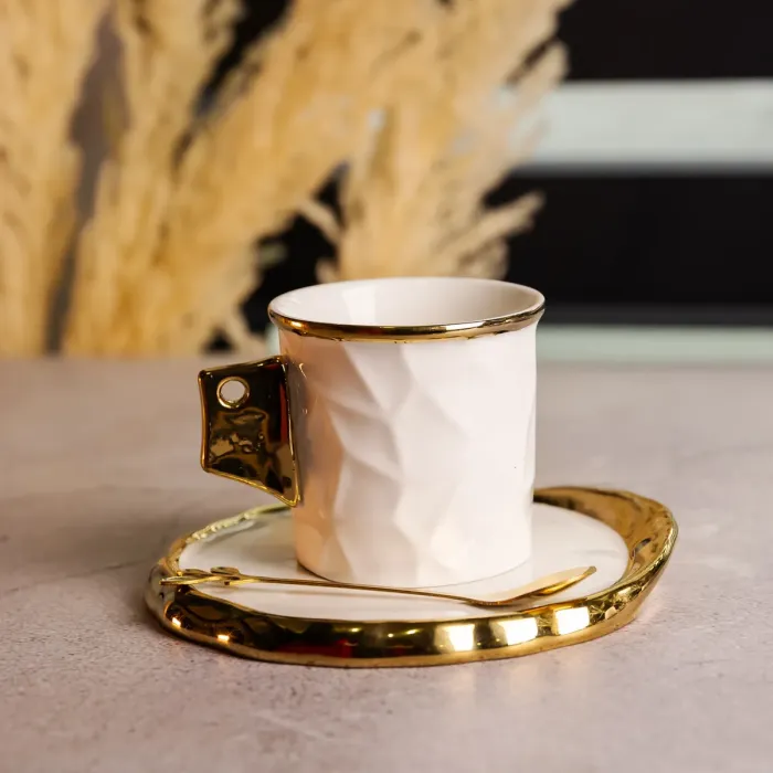 Чашка порцелянова для кави 200 (мл) з блюдцем і ложкою, гарна чашка в подарунок Білий із золотом FM-1B (FM-1B) - зображення 2