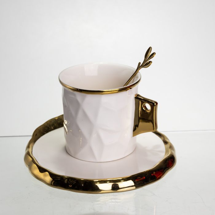 Чашка порцелянова для кави 200 (мл) з блюдцем і ложкою, гарна чашка в подарунок Білий із золотом FM-1B (FM-1B) - зображення 4