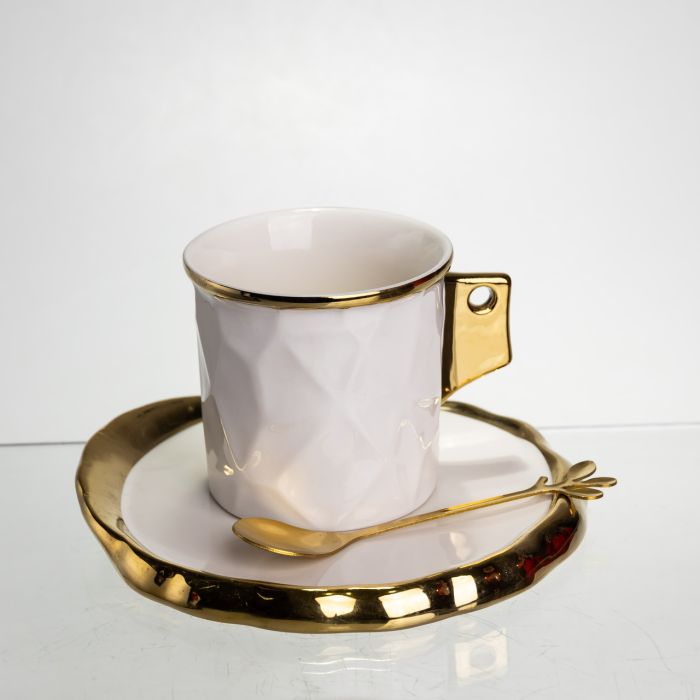 Чашка порцелянова для кави 200 (мл) з блюдцем і ложкою, гарна чашка в подарунок Білий із золотом FM-1B (FM-1B) - зображення 5