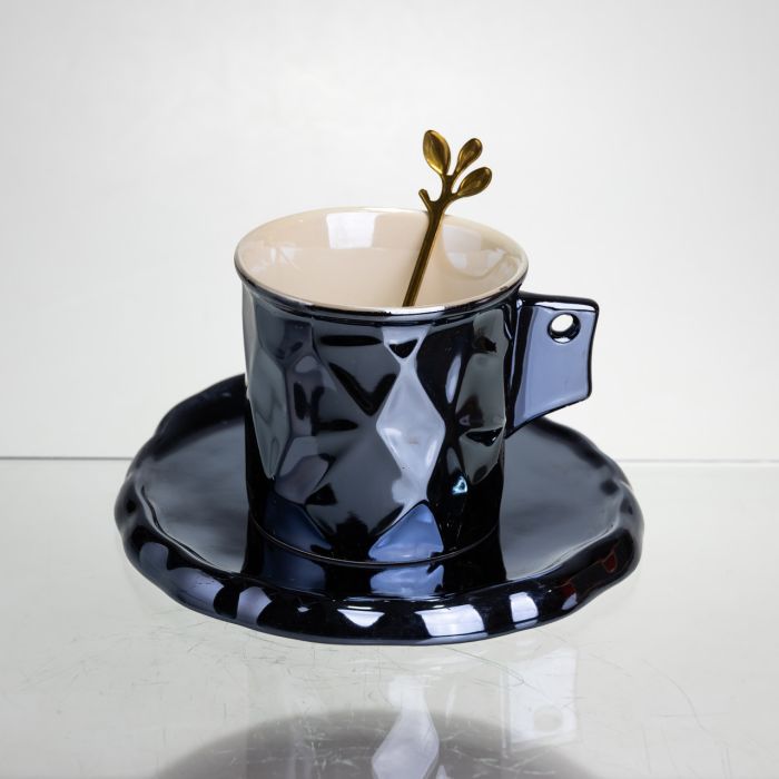 Чашка порцелянова для кави 200 (мл) з блюдцем і ложкою, гарна чашка в подарунок Чорний FM-2A (FM-2A) - зображення 1