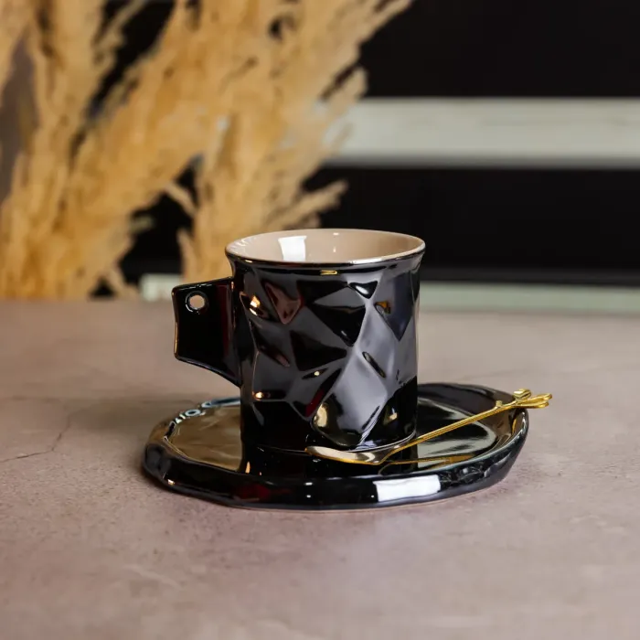 Чашка порцелянова для кави 200 (мл) з блюдцем і ложкою, гарна чашка в подарунок Чорний FM-2A (FM-2A) - зображення 2