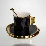 Чашка порцелянова для кави 200 (мл) з блюдцем і ложкою, гарна чашка в подарунок Чорний із золотом FM-1A (FM-1A)