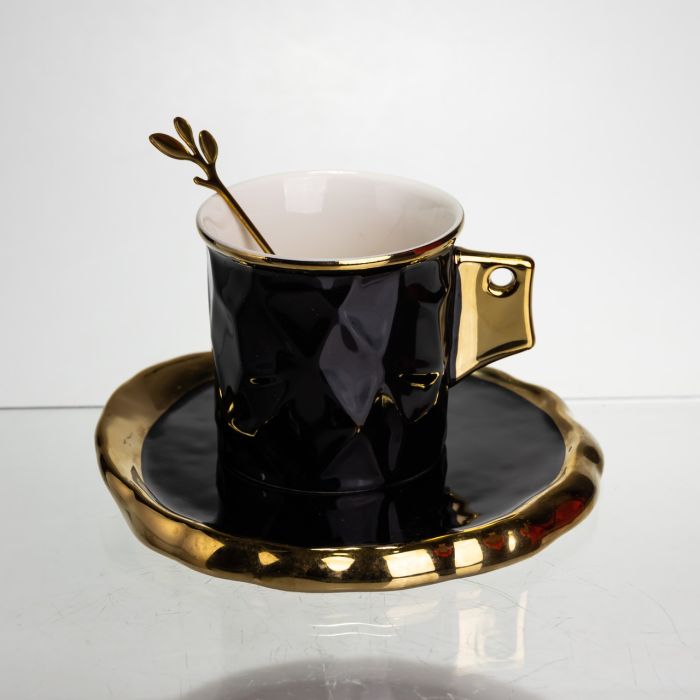 Чашка порцелянова для кави 200 (мл) з блюдцем і ложкою, гарна чашка в подарунок Чорний із золотом FM-1A (FM-1A) - зображення 1