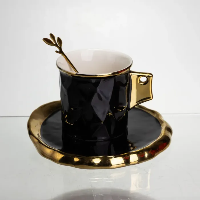 Чашка порцелянова для кави 200 (мл) з блюдцем і ложкою, гарна чашка в подарунок Чорний із золотом FM-1A (FM-1A) - зображення 1