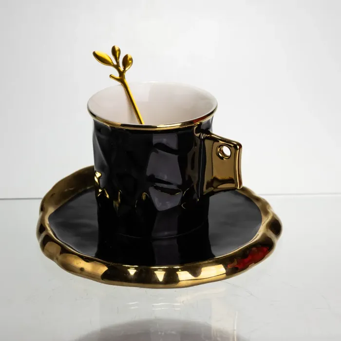 Чашка порцелянова для кави 200 (мл) з блюдцем і ложкою, гарна чашка в подарунок Чорний із золотом FM-1A (FM-1A) - зображення 2