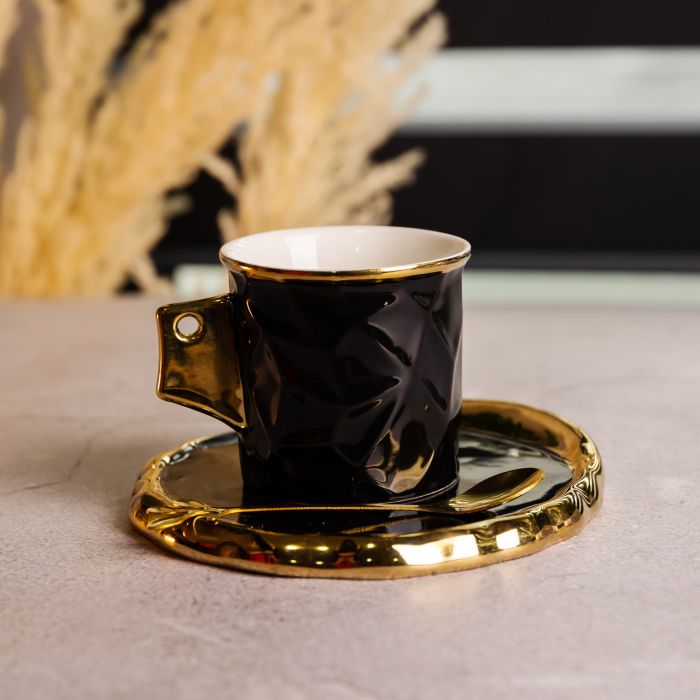 Чашка порцелянова для кави 200 (мл) з блюдцем і ложкою, гарна чашка в подарунок Чорний із золотом FM-1A (FM-1A) - зображення 3