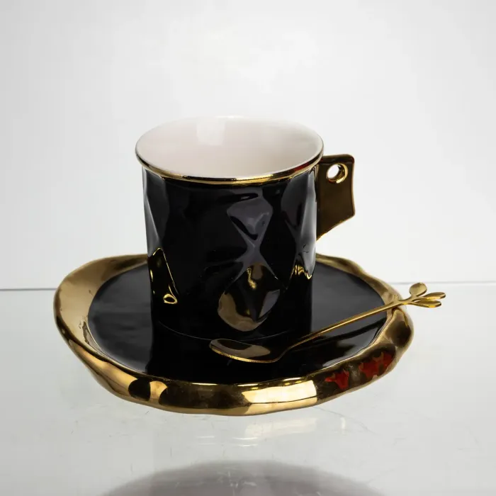 Чашка порцелянова для кави 200 (мл) з блюдцем і ложкою, гарна чашка в подарунок Чорний із золотом FM-1A (FM-1A) - зображення 4