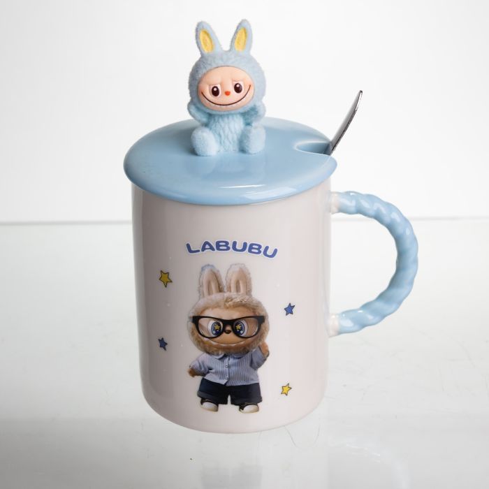 Чашка порцелянова з кришкою і ложкою Labubu 400 (мл) подарункова кружка прикольна чашка для дітей на подарунок Блакитний FM-35B (FM-35B) - изображение 2