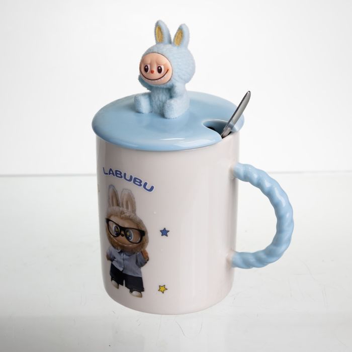 Чашка порцелянова з кришкою і ложкою Labubu 400 (мл) подарункова кружка прикольна чашка для дітей на подарунок Блакитний FM-35B (FM-35B) - изображение 4
