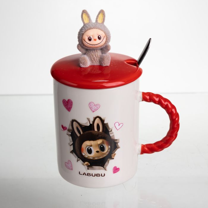 Кубок порцелянова з кришкою і ложкою Labubu 400 (мл) подарункова кружка прикольна чашка для дітей на подарунок Червоний FM-35D (FM-35D) - зображення 1