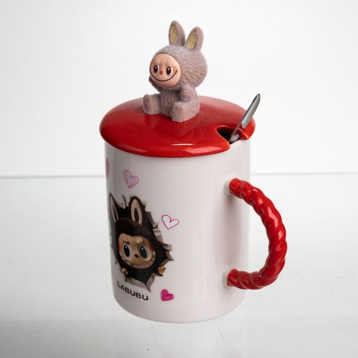 Кубок порцелянова з кришкою і ложкою Labubu 400 (мл) подарункова кружка прикольна чашка для дітей на подарунок Червоний FM-35D (FM-35D) - зображення 4