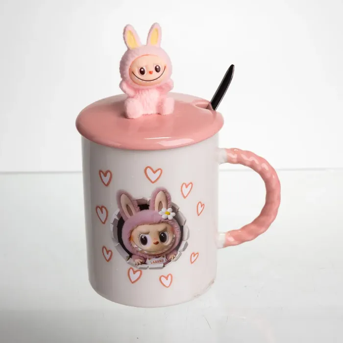 Кубок порцелянова з кришкою і ложкою Labubu 400 (мл) подарункова кружка прикольна чашка для дітей на подарунок Рожевий FM-35C (FM-35C) - зображення 1