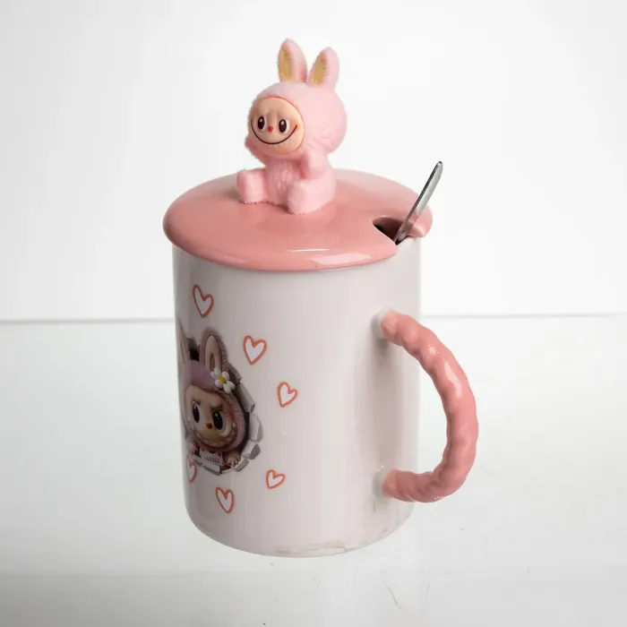 Кубок порцелянова з кришкою і ложкою Labubu 400 (мл) подарункова кружка прикольна чашка для дітей на подарунок Рожевий FM-35C (FM-35C) - зображення 2