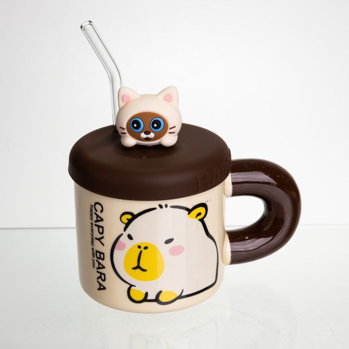 Чашка порцелянова з кришкою і трубочкою Капібара з котиком 400 мл FM-27A (FM-27A) - изображение 1