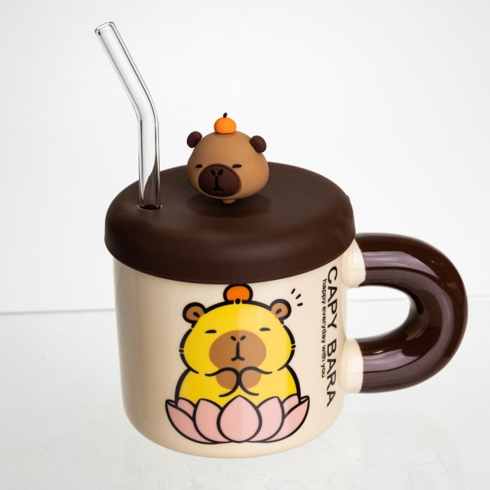 Кубок порцелянова з кришкою та трубочкою Капібара в лотосі 300 (мл) подарункова кружка прикольна чашка для дітей на подарунок FM-27B (FM-27B) - зображення 1