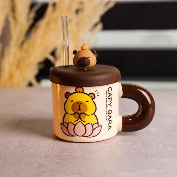 Кубок порцелянова з кришкою та трубочкою Капібара в лотосі 300 (мл) подарункова кружка прикольна чашка для дітей на подарунок FM-27B (FM-27B) - зображення 2