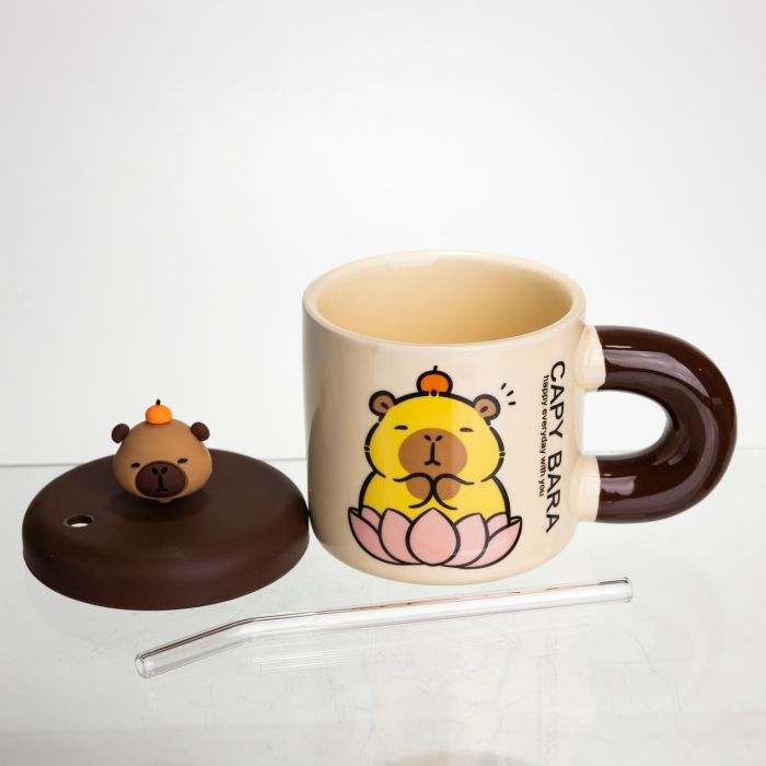 Кубок порцелянова з кришкою та трубочкою Капібара в лотосі 300 (мл) подарункова кружка прикольна чашка для дітей на подарунок FM-27B (FM-27B) - зображення 3