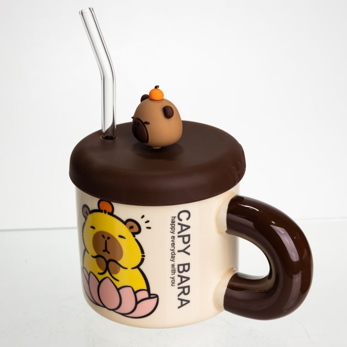 Кубок порцелянова з кришкою та трубочкою Капібара в лотосі 300 (мл) подарункова кружка прикольна чашка для дітей на подарунок FM-27B (FM-27B) - зображення 4