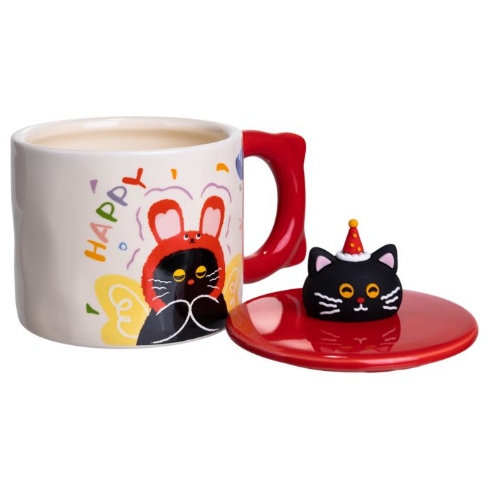 Кубок порцелянова з кришкою Kitten's Birthday 400 (мл) подарункова кружка прикольна чашка для дітей на подарунок Червоний FM-24D (FM-24D) - зображення 2