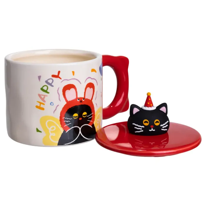 Кубок порцелянова з кришкою Kitten's Birthday 400 (мл) подарункова кружка прикольна чашка для дітей на подарунок Червоний FM-24D (FM-24D) - зображення 2