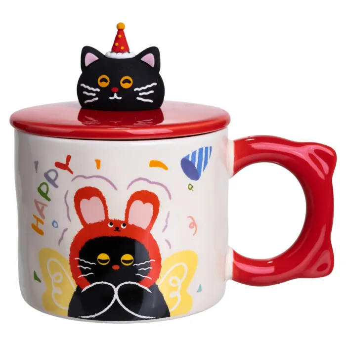 Кубок порцелянова з кришкою Kitten's Birthday 400 (мл) подарункова кружка прикольна чашка для дітей на подарунок Червоний FM-24D (FM-24D) - зображення 4