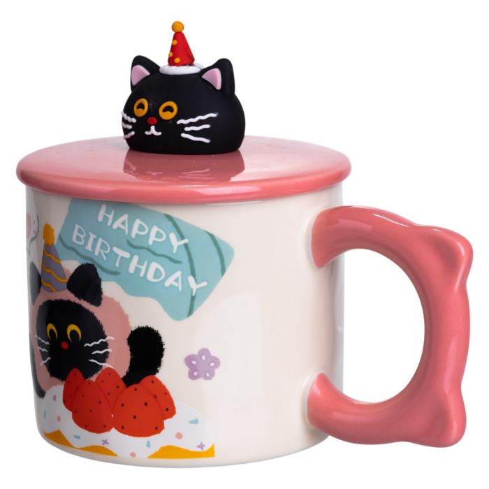 Кубок порцелянова з кришкою Kitten's Birthday 400 (мл) подарункова кружка прикольна чашка для дітей на подарунок Рожевий FM-24C (FM-24C) - зображення 2