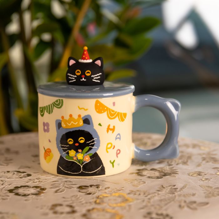 Кубок порцелянова з кришкою Kitten's Birthday 400 (мл) подарункова кружка прикольна чашка для дітей на подарунок Синій FM-24A (FM-24A) - зображення 1