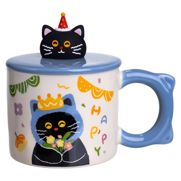 Кубок порцелянова з кришкою Kitten's Birthday 400 (мл) подарункова кружка прикольна чашка для дітей на подарунок Синій FM-24A (FM-24A) - зображення 4