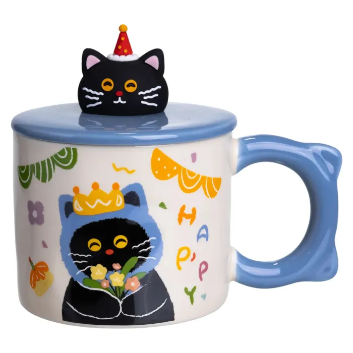 Кубок порцелянова з кришкою Kitten's Birthday 400 (мл) подарункова кружка прикольна чашка для дітей на подарунок Синій FM-24A (FM-24A) - зображення 4