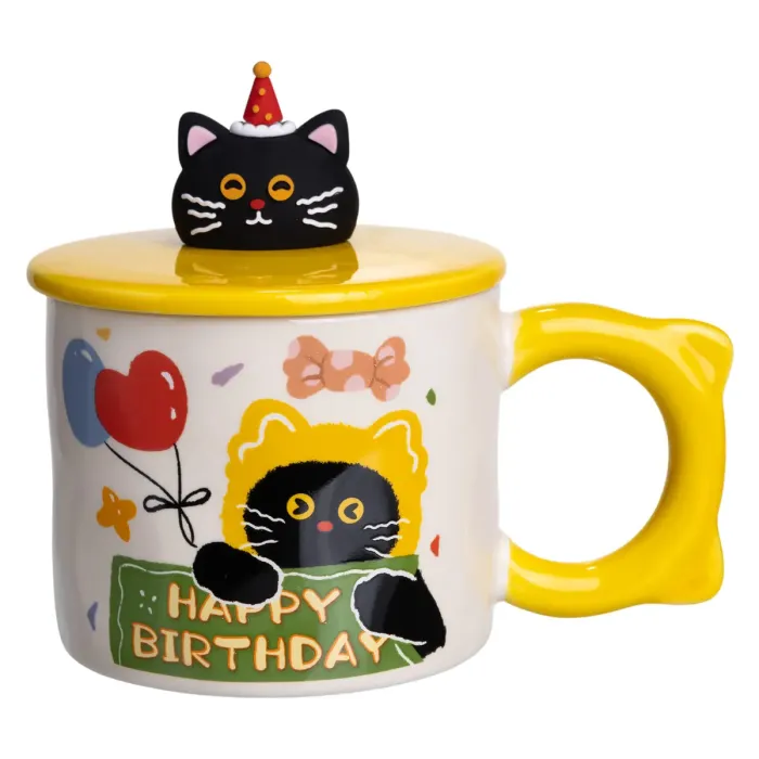 Чашка порцелянова з кришкою Kitten's Birthday 400 (мл) подарункова кружка прикольна чашка для дітей на подарунок Жовтий FM-24B (FM-24B) - зображення 3