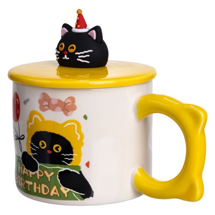 Чашка порцелянова з кришкою Kitten's Birthday 400 (мл) подарункова кружка прикольна чашка для дітей на подарунок Жовтий FM-24B (FM-24B) - зображення 4