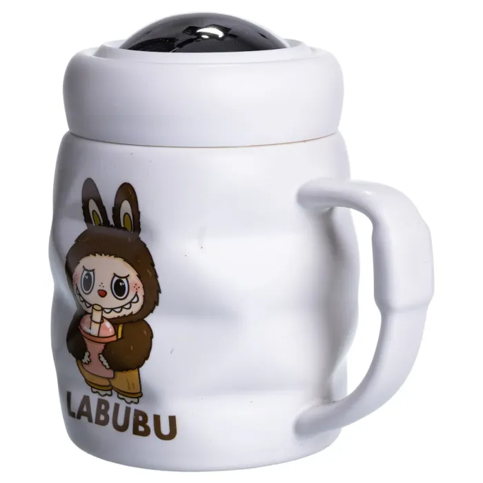 Чашка порцелянова з кришкою Labubu 400 (мл) подарункова кружка прикольна чашка для дітей на подарунок Білий з темно-коричневим FM-54C (FM-54C) - зображення 4